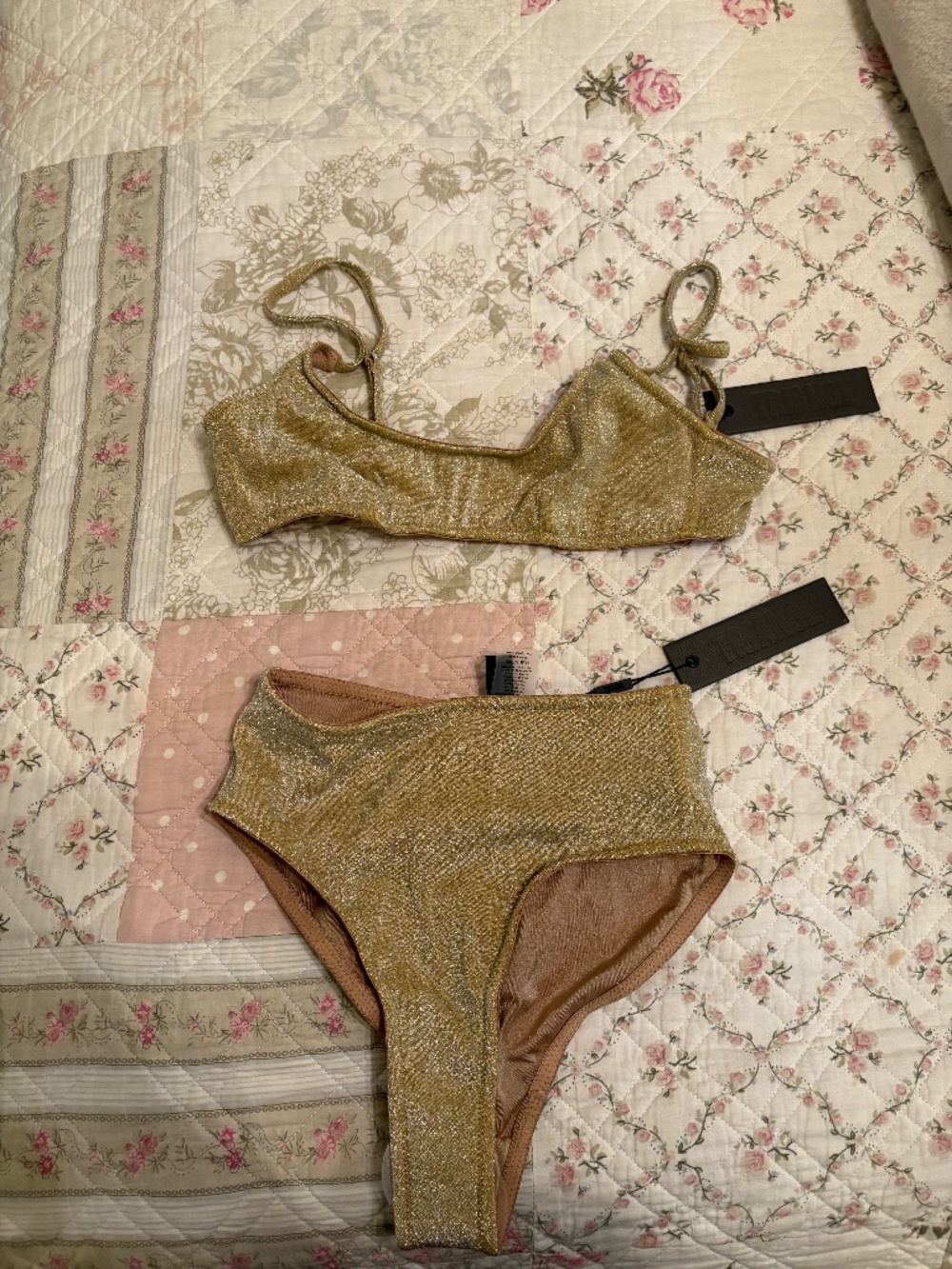 Gold Shimmer Triangl Bikini Set Metallic String Tie Swimsuit